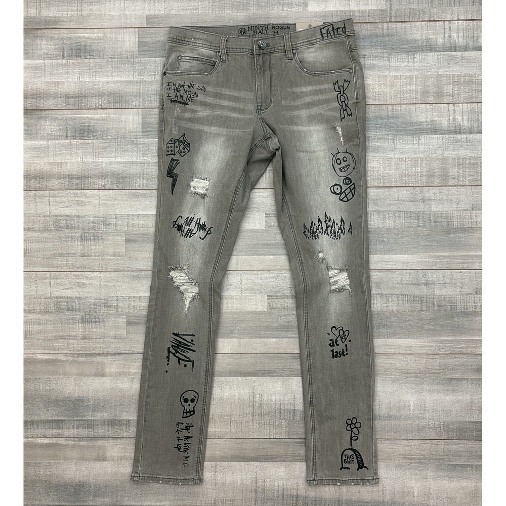 Ninth Hall Rogue Printed Smoke Gray Jeans Distressed Men's 34 NWT Slim Doodle